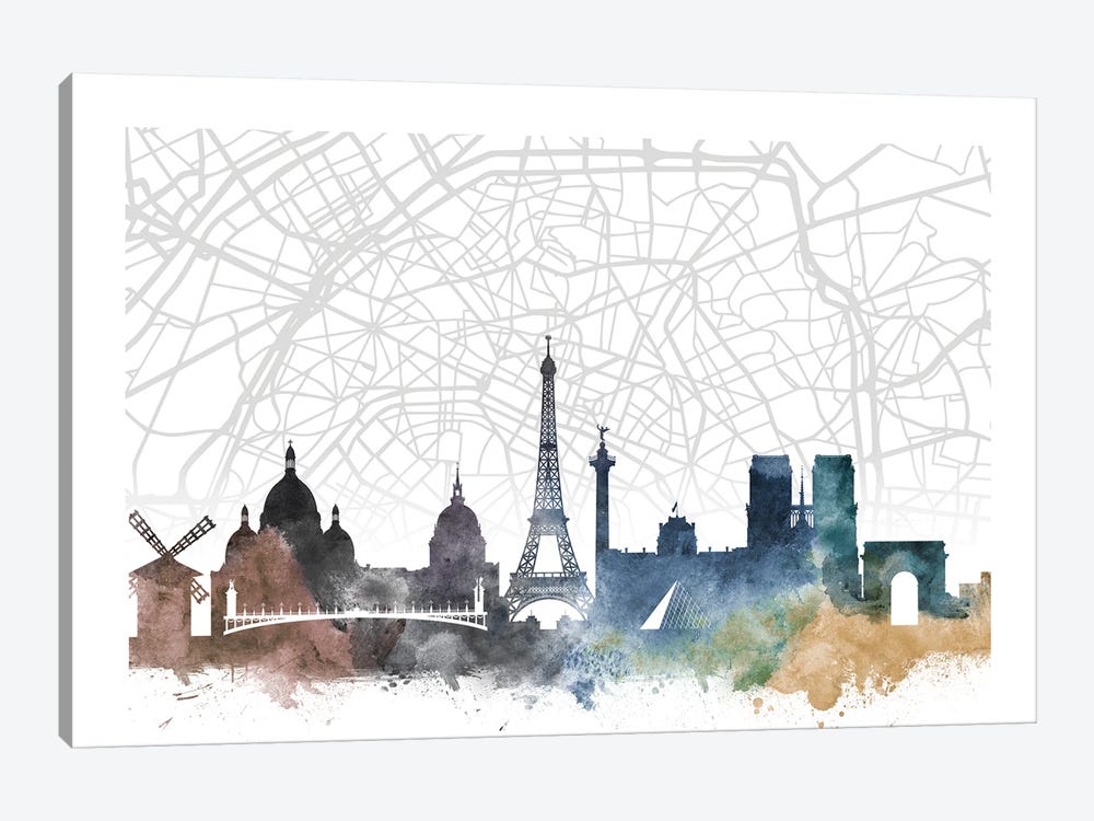 Paris Skyline City Map by WallDecorAddict 1-piece Canvas Artwork