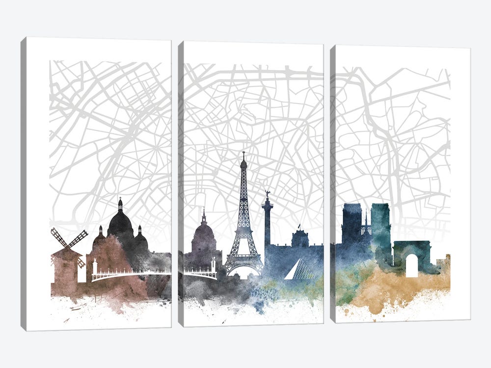 Paris Skyline City Map by WallDecorAddict 3-piece Canvas Artwork