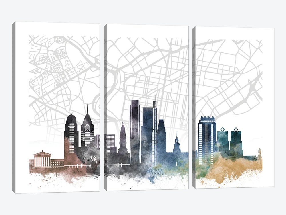 Philadelphia Skyline City Map by WallDecorAddict 3-piece Canvas Print