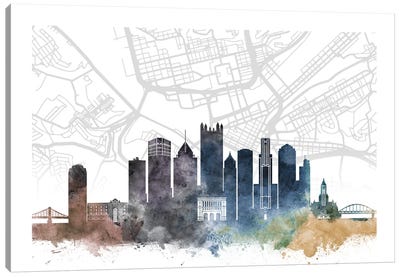 Pittsburgh Skyline City Map Canvas Art Print - Pittsburgh Skylines