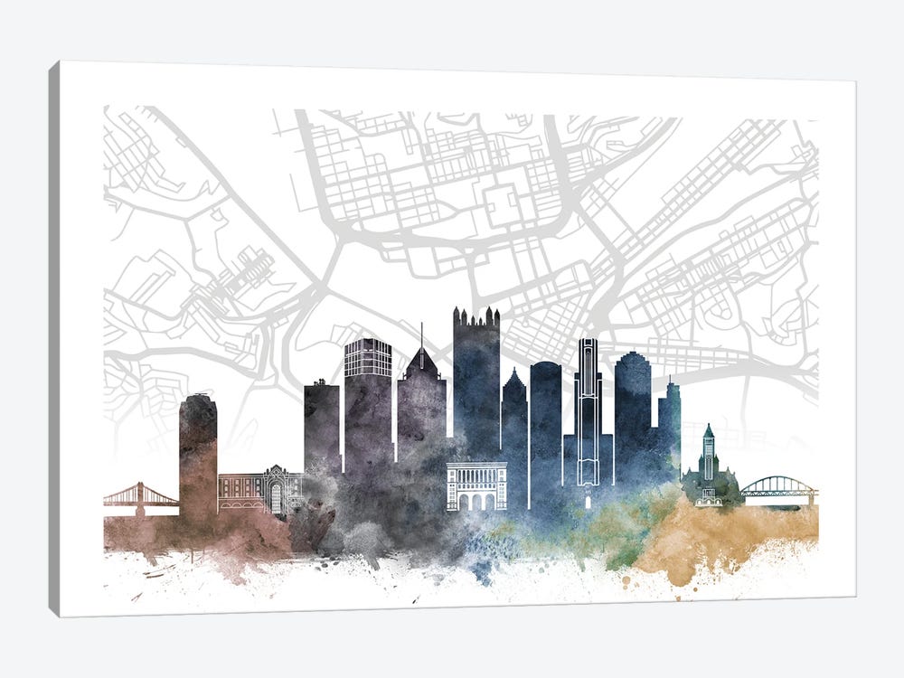 Pittsburgh Skyline City Map by WallDecorAddict 1-piece Canvas Artwork