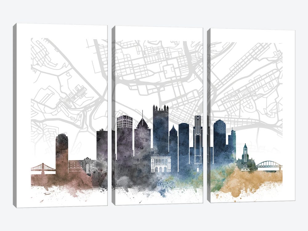Pittsburgh Skyline City Map by WallDecorAddict 3-piece Canvas Art