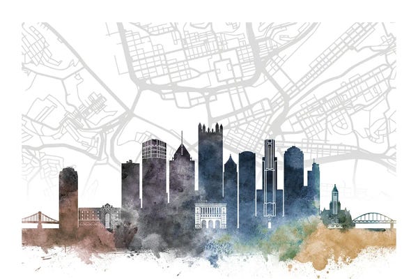 Large Map Art - Canvas Prints: Pittsburgh Skyline City Map by WallDecorAddict
