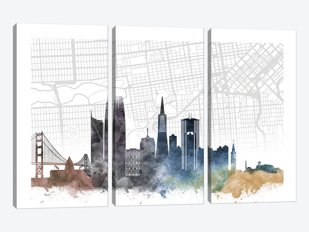 San Francisco Skyline City Map by WallDecorAddict 3-piece Canvas Print