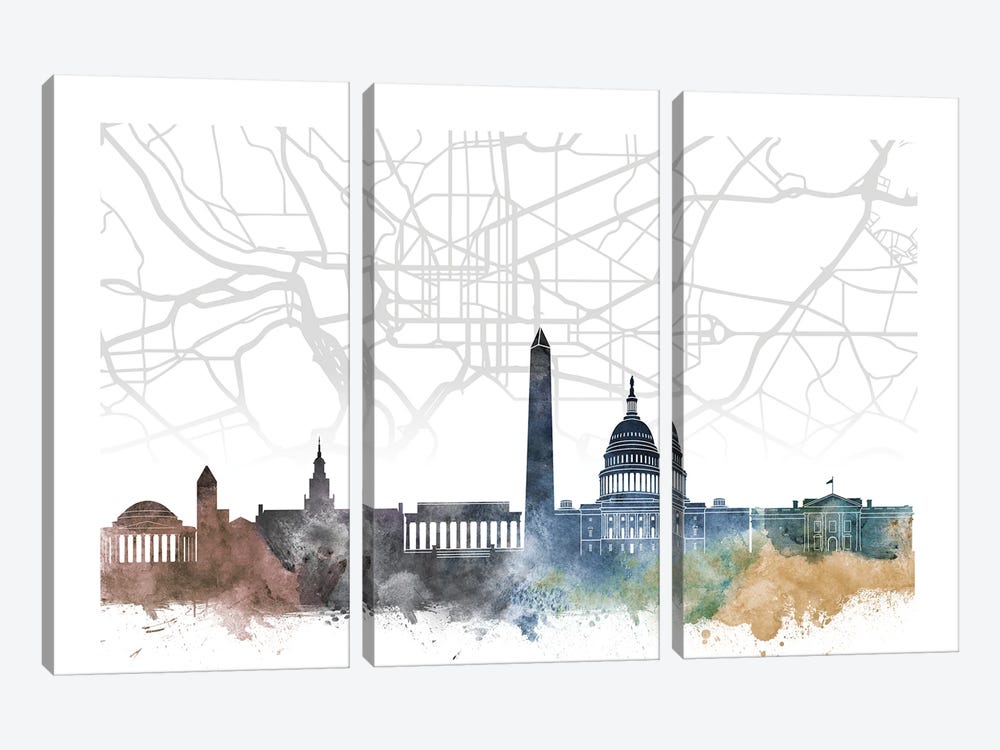 Washington Skyline City Map by WallDecorAddict 3-piece Canvas Wall Art