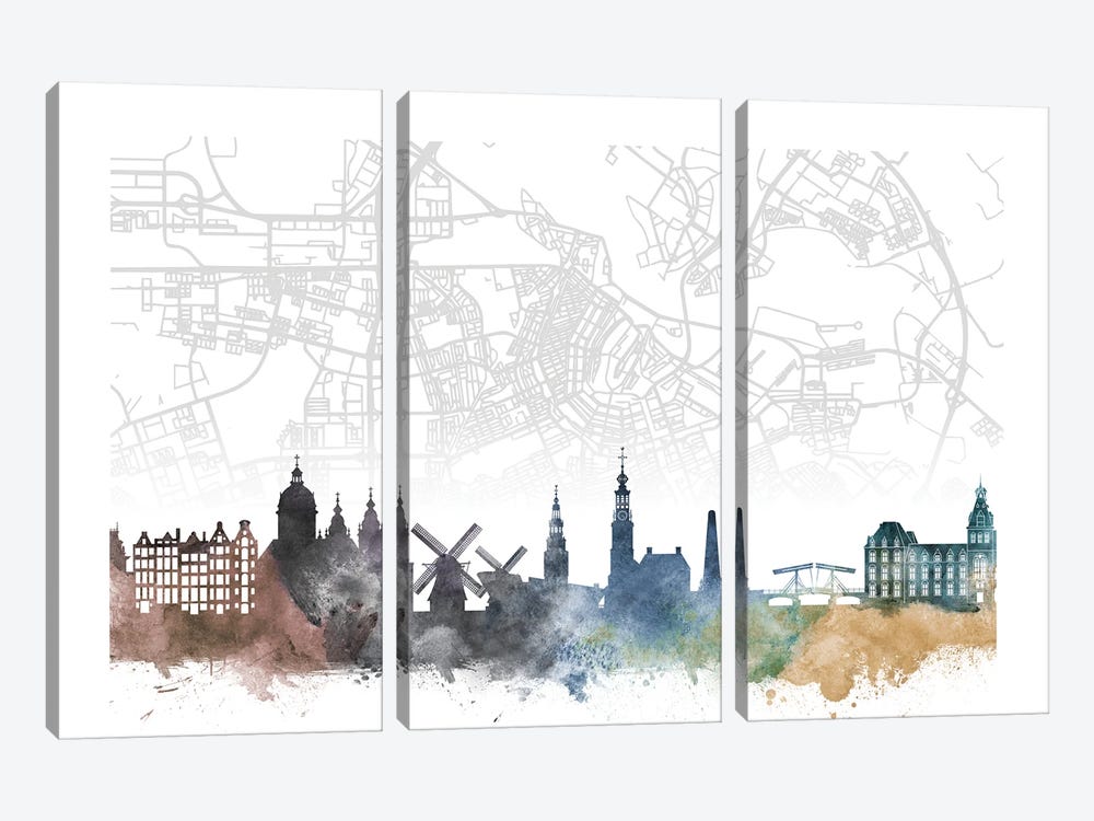 Amsterdam Skyline City Map by WallDecorAddict 3-piece Canvas Print