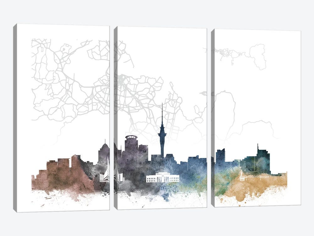 Auckland Skyline City Map by WallDecorAddict 3-piece Canvas Print