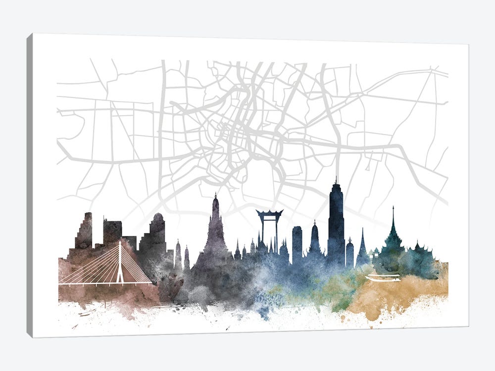 Bangkok Skyline City Map by WallDecorAddict 1-piece Canvas Wall Art