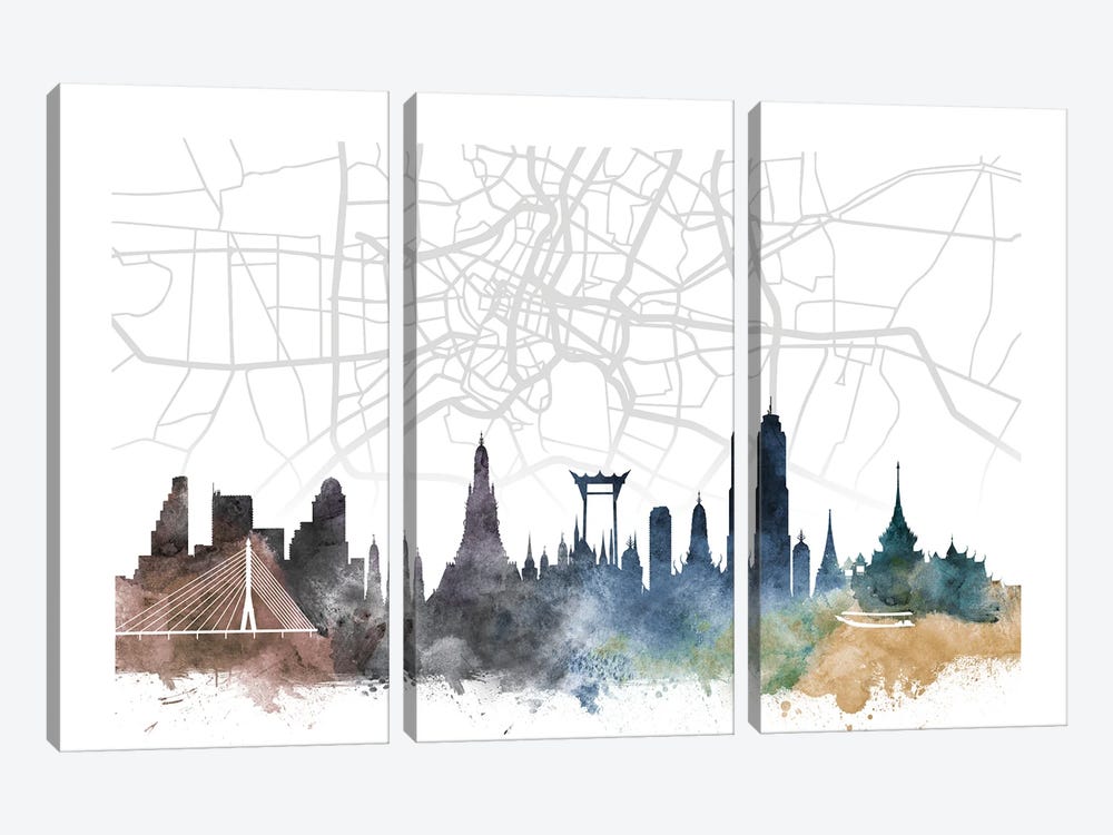 Bangkok Skyline City Map by WallDecorAddict 3-piece Canvas Artwork