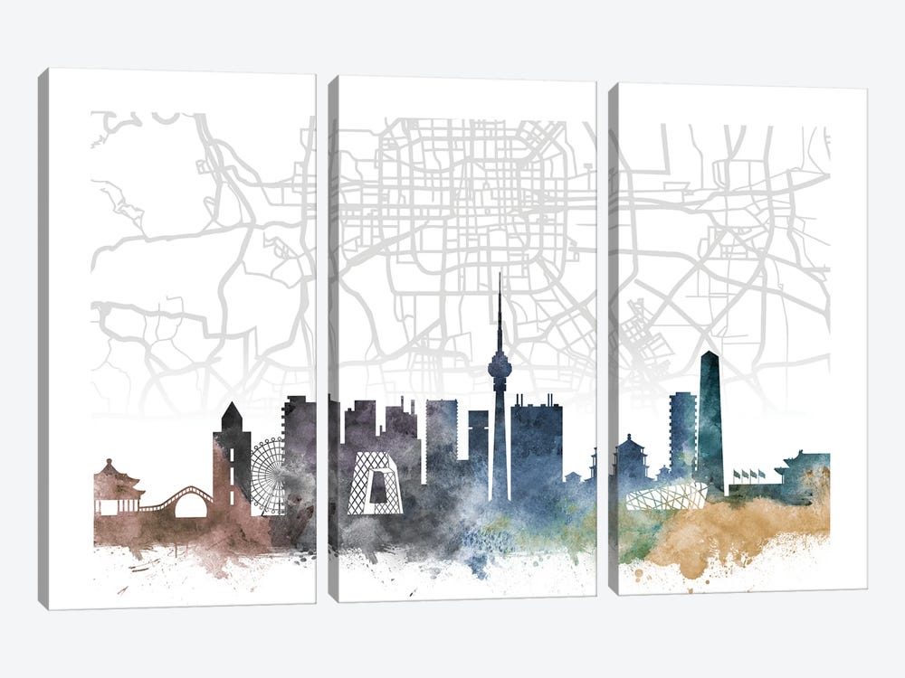 Beijing Skyline City Map by WallDecorAddict 3-piece Canvas Print