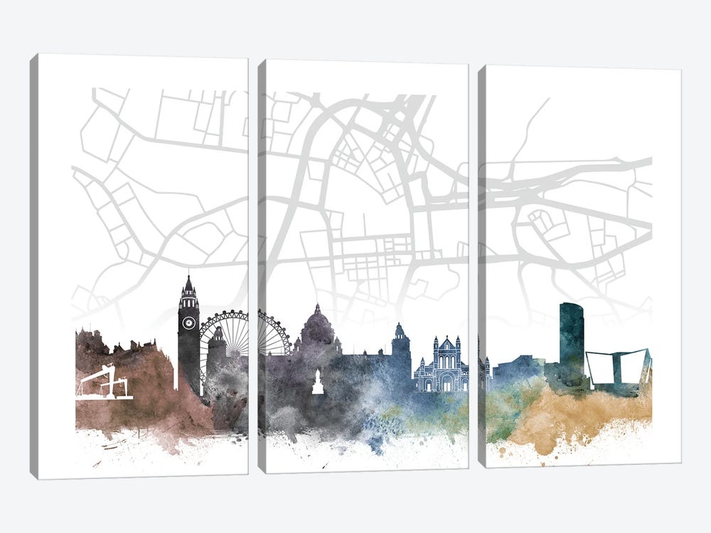 Belfast Skyline City Map by WallDecorAddict 3-piece Canvas Wall Art