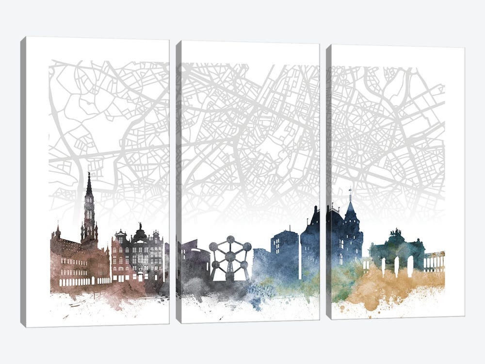 Brussels Skyline City Map by WallDecorAddict 3-piece Canvas Print