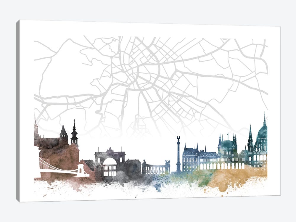Budapest Skyline City Map by WallDecorAddict 1-piece Canvas Wall Art