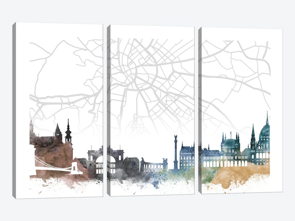 Budapest Skyline City Map by WallDecorAddict 3-piece Canvas Artwork