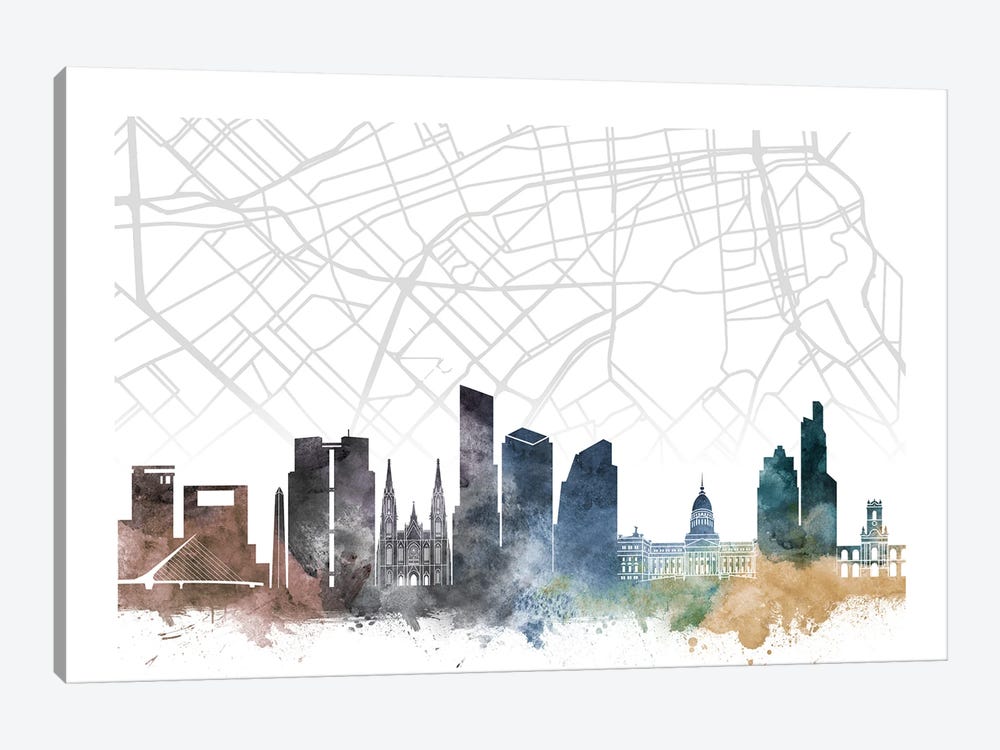 Buenos Aires Skyline City Map by WallDecorAddict 1-piece Canvas Wall Art