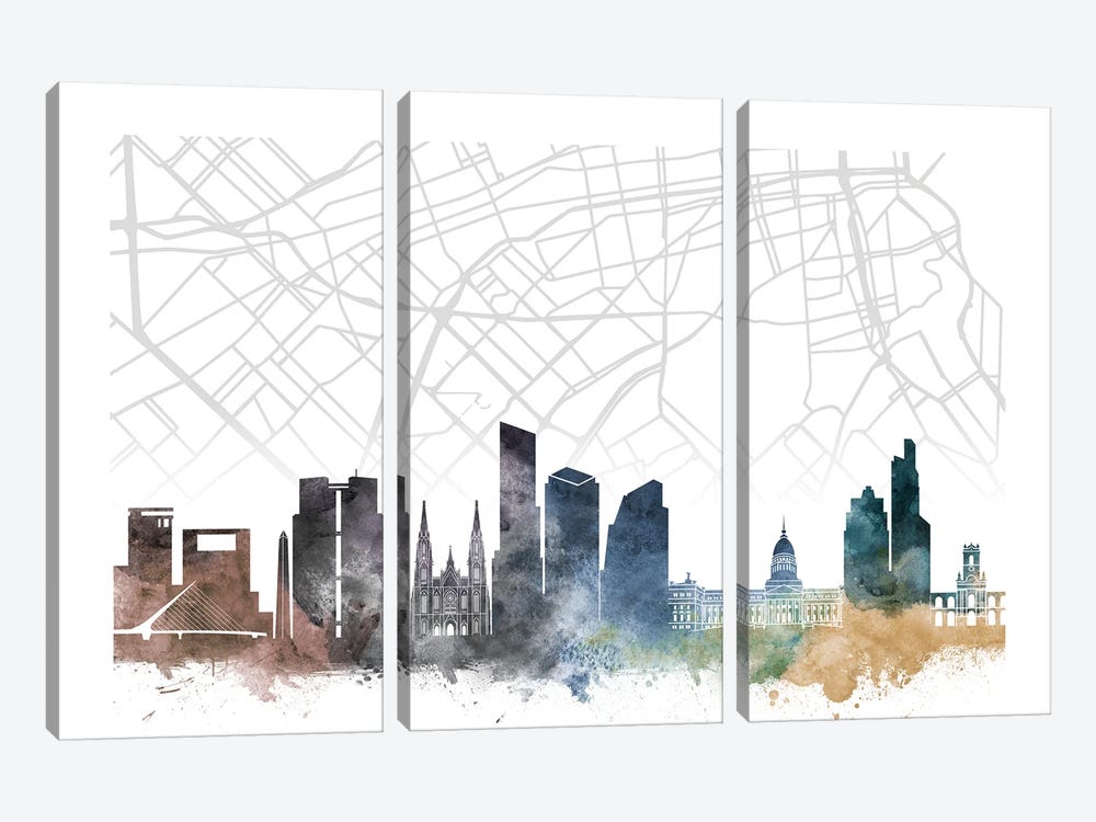 Buenos Aires Skyline City Map by WallDecorAddict 3-piece Canvas Wall Art
