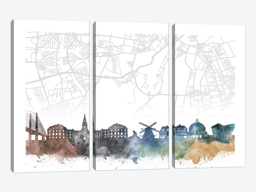 Copenhagen Skyline City Map by WallDecorAddict 3-piece Canvas Art Print