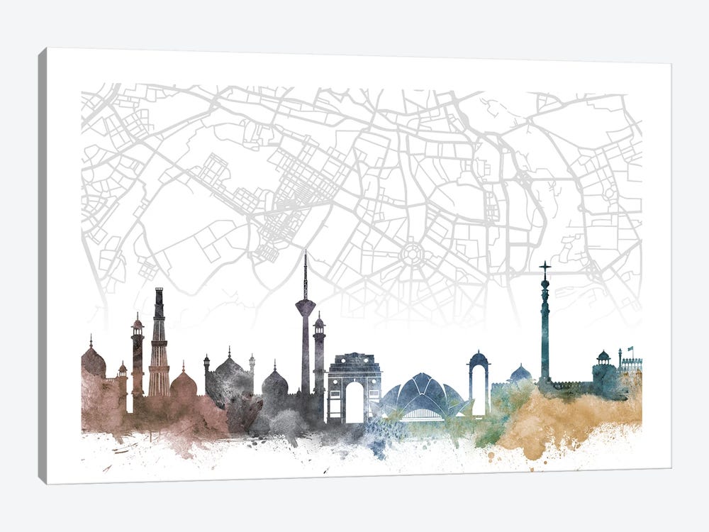 Delhi Skyline City Map by WallDecorAddict 1-piece Canvas Wall Art