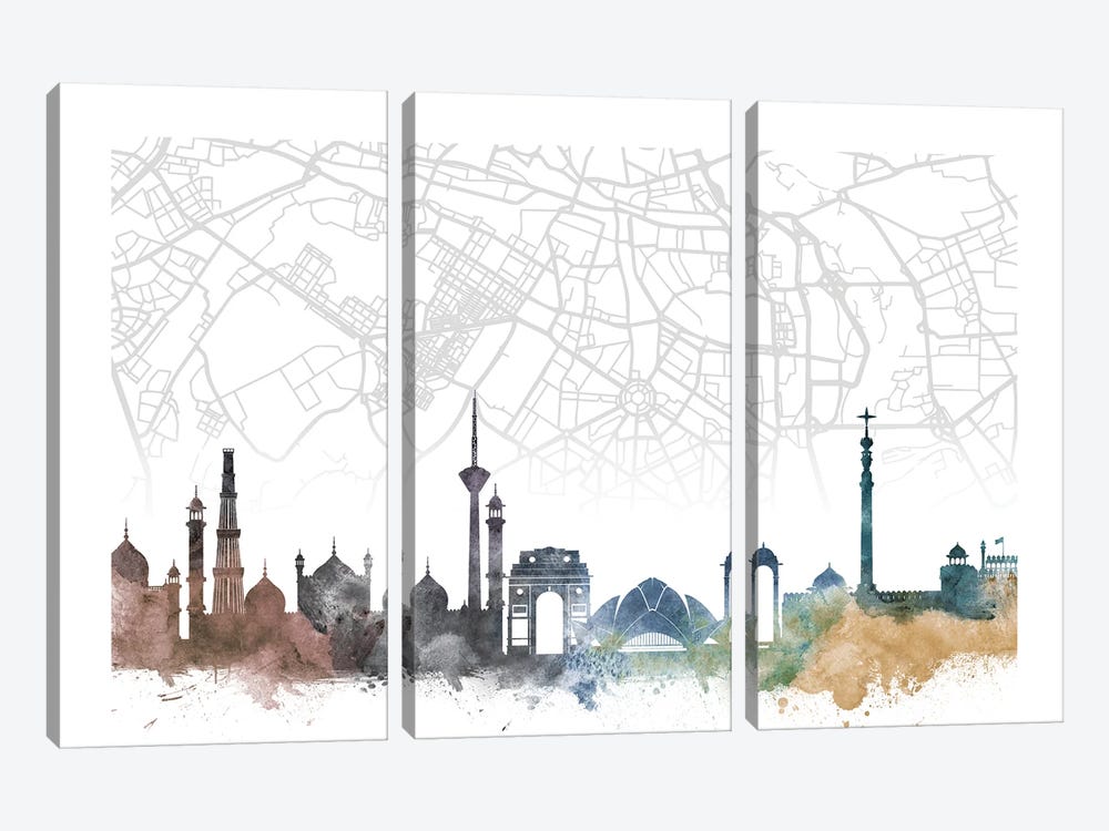 Delhi Skyline City Map by WallDecorAddict 3-piece Canvas Wall Art