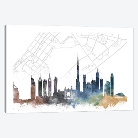 Dubai Skyline City Map Canvas Print #WDA2277} by WallDecorAddict Canvas Artwork