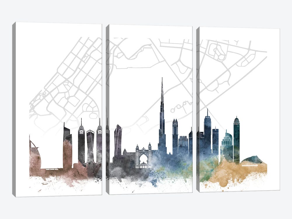 Dubai Skyline City Map by WallDecorAddict 3-piece Art Print