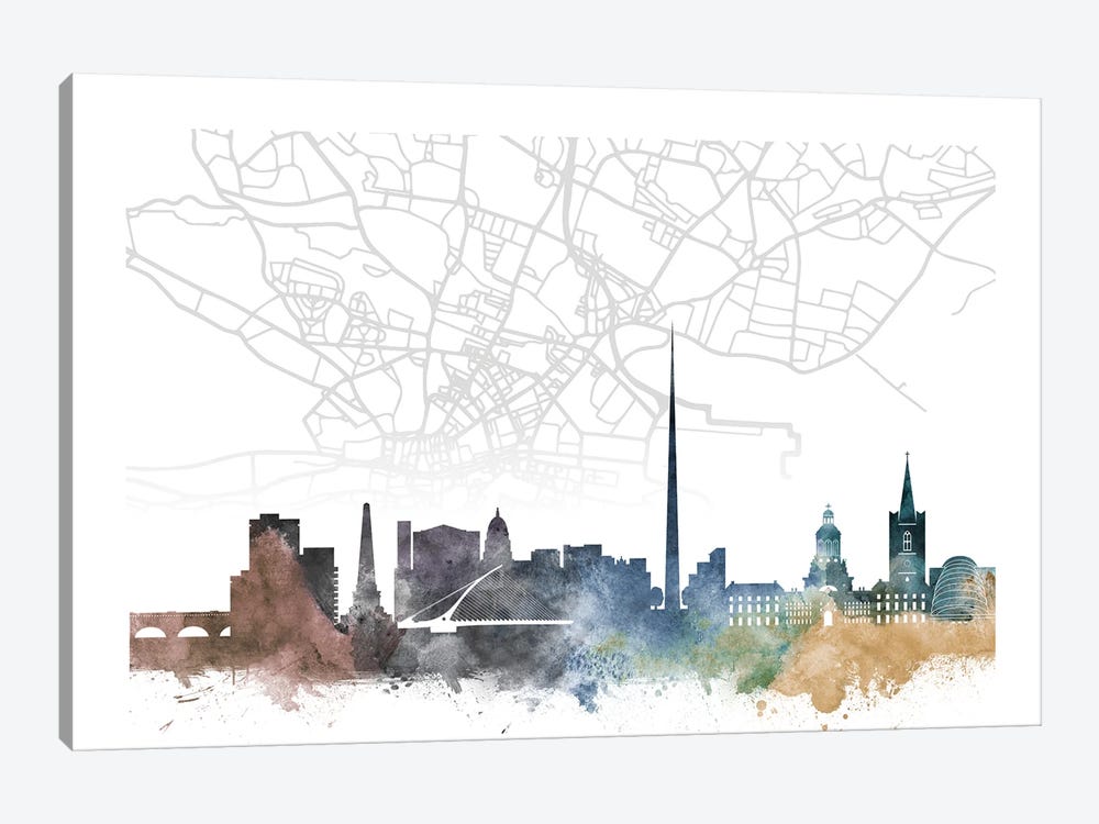 Dublin Skyline City Map by WallDecorAddict 1-piece Canvas Artwork