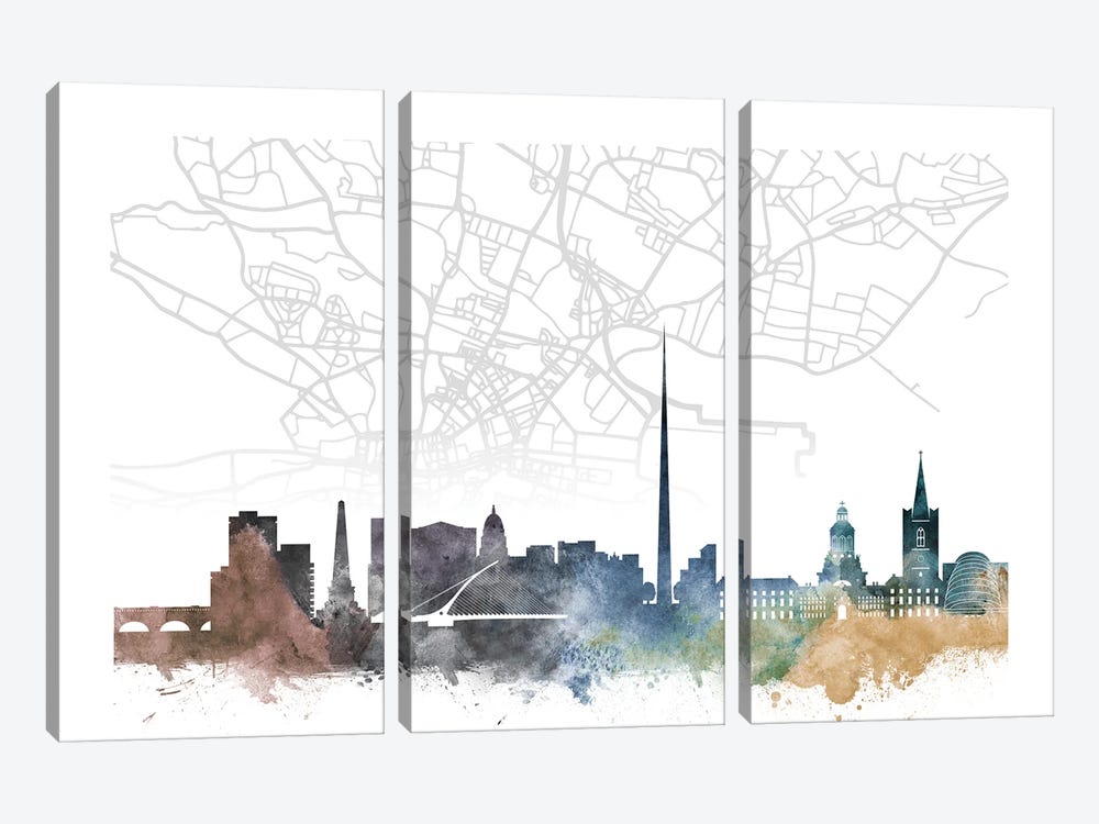 Dublin Skyline City Map by WallDecorAddict 3-piece Canvas Artwork