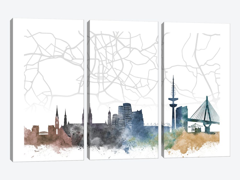 Dusseldorf Skyline City Map by WallDecorAddict 3-piece Art Print