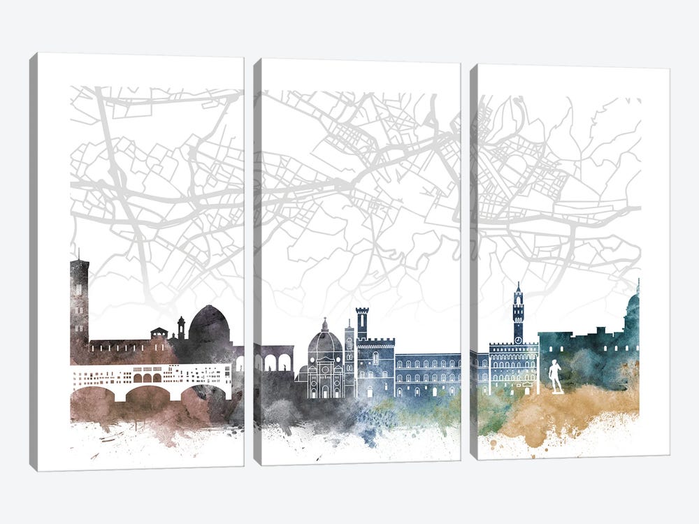 Florence Skyline City Map by WallDecorAddict 3-piece Canvas Art Print