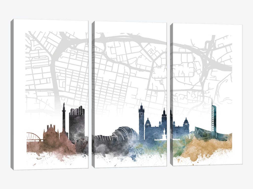 Glasgow Skyline City Map by WallDecorAddict 3-piece Canvas Print