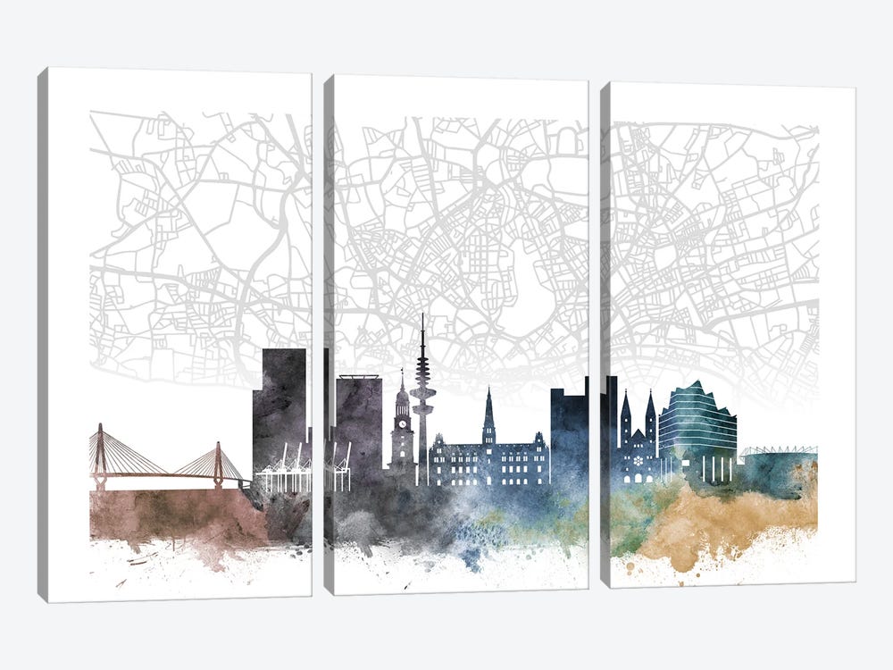 Hamburg Skyline City Map by WallDecorAddict 3-piece Canvas Wall Art