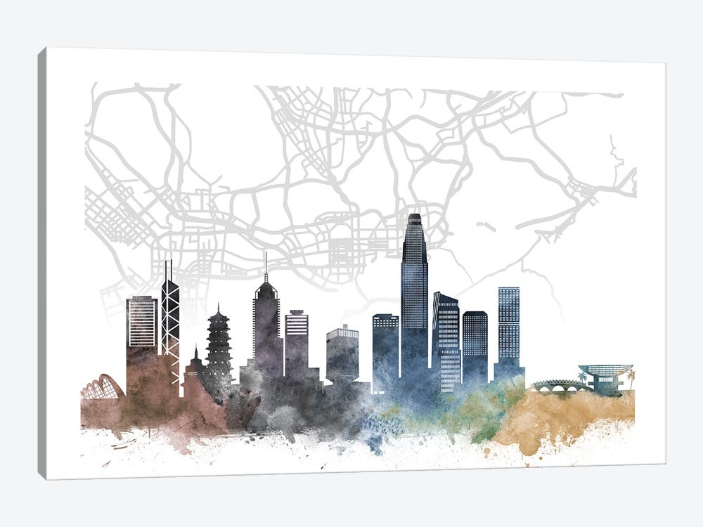 Hong Kong Skyline City Map by WallDecorAddict 1-piece Canvas Artwork