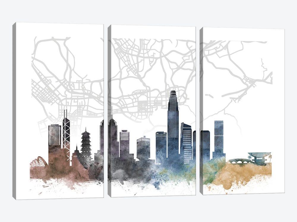 Hong Kong Skyline City Map by WallDecorAddict 3-piece Canvas Art