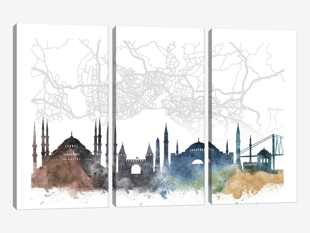 Istanbul Skyline City Map by WallDecorAddict 3-piece Art Print