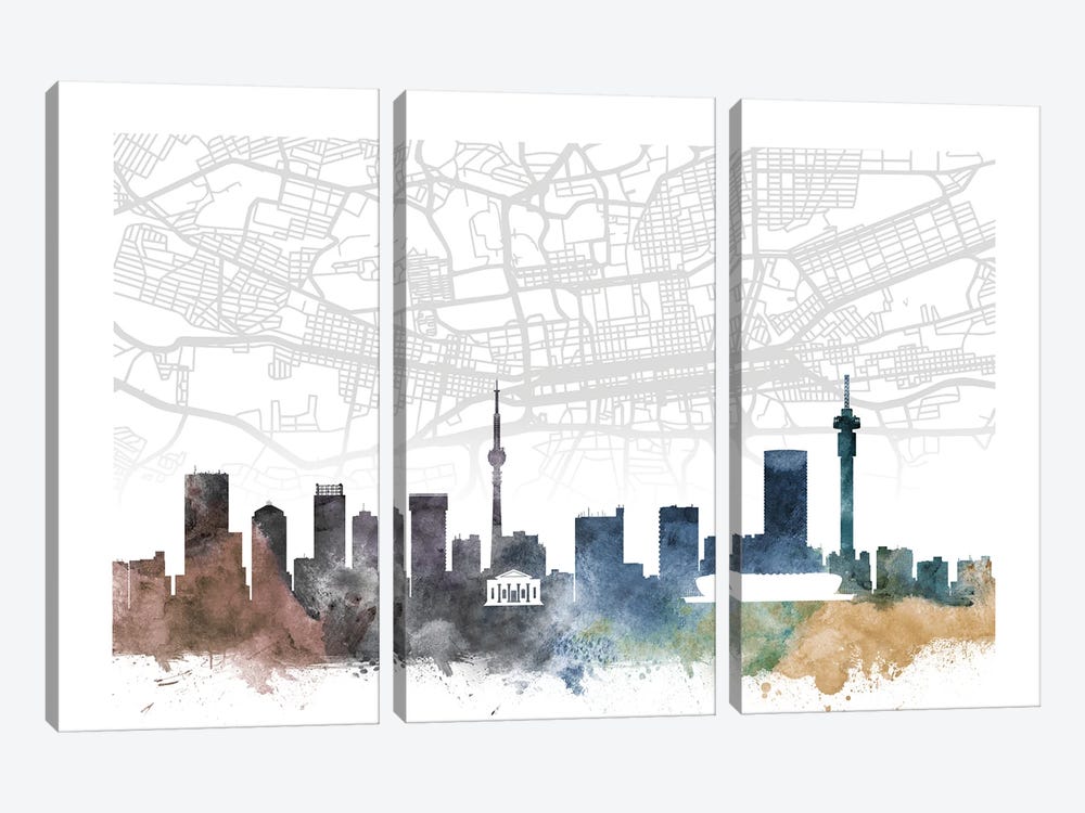 Johannesburg Skyline City Map by WallDecorAddict 3-piece Canvas Wall Art