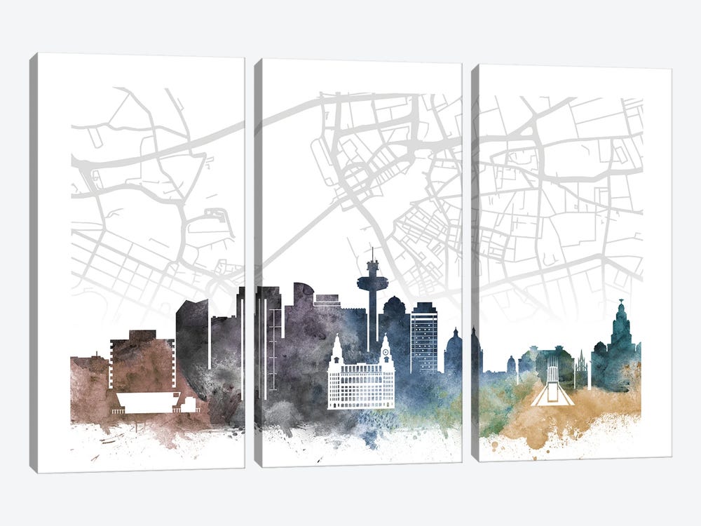Liverpool Skyline City Map by WallDecorAddict 3-piece Canvas Art Print
