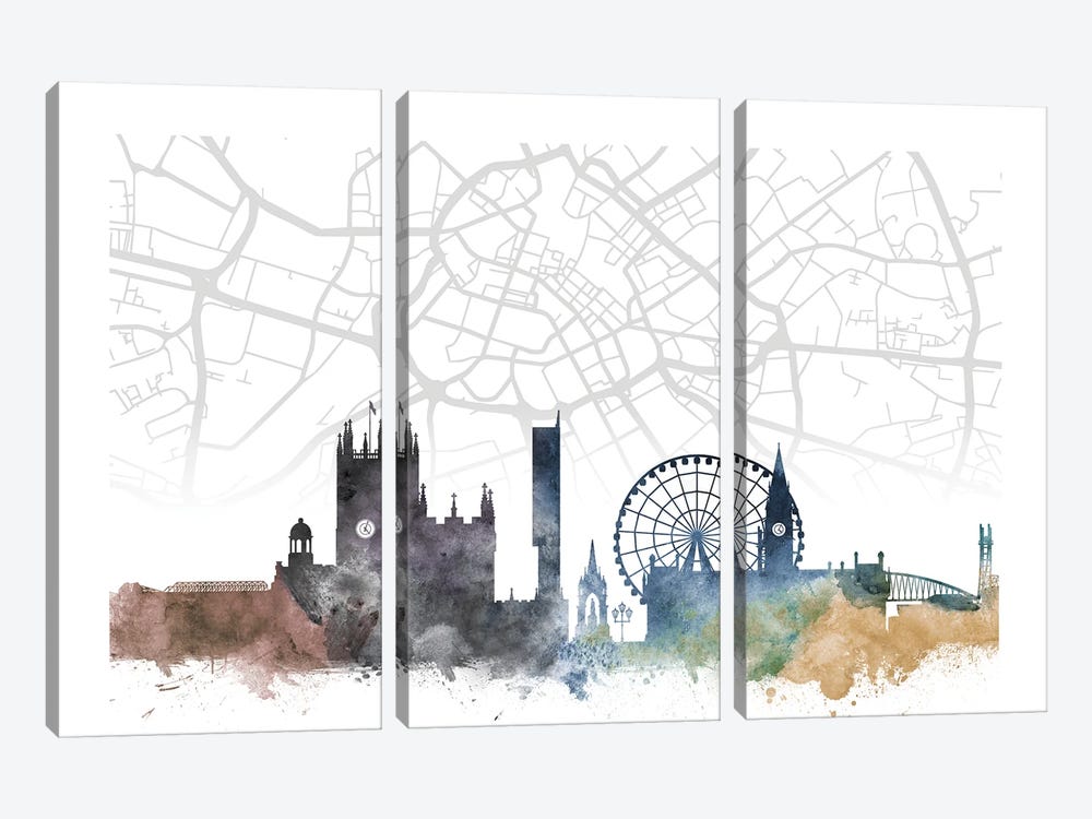 Manchester Skyline City Map by WallDecorAddict 3-piece Canvas Art Print