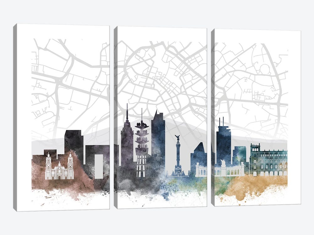 Mexico City Skyline City Map by WallDecorAddict 3-piece Canvas Print