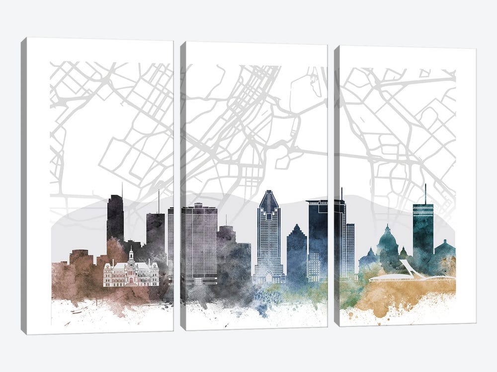 Montreal Skyline City Map by WallDecorAddict 3-piece Canvas Art