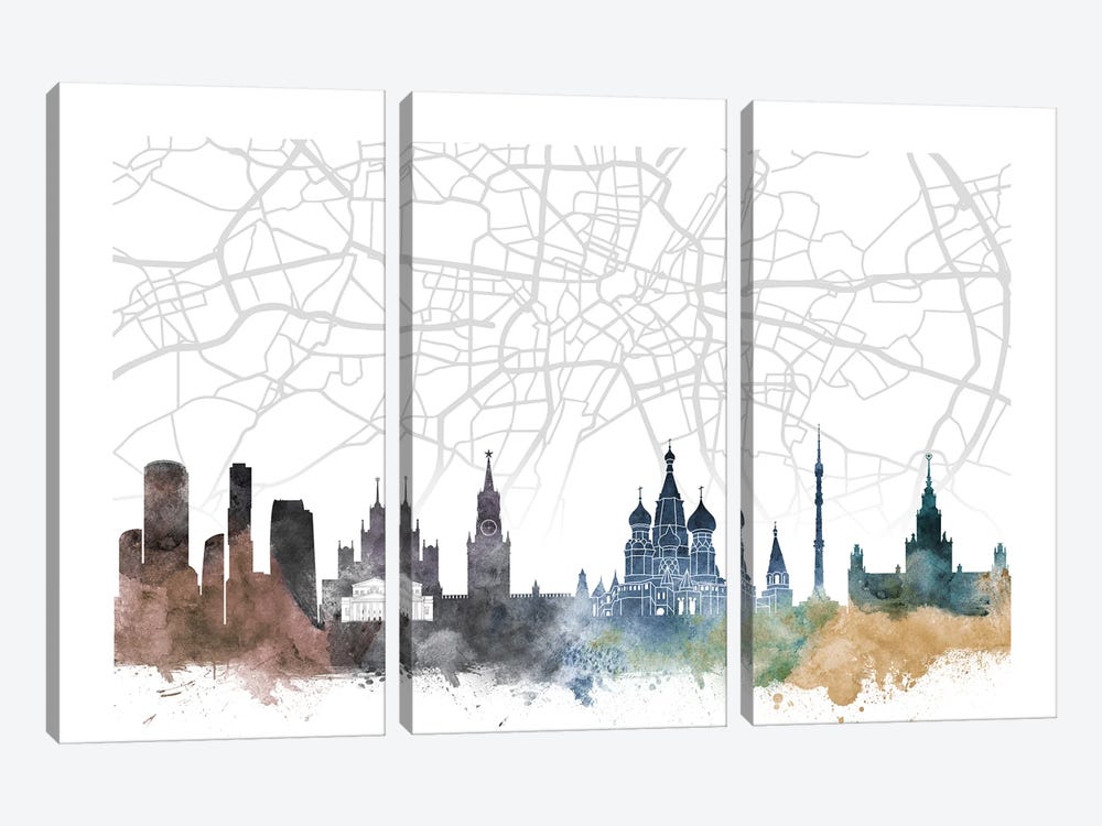 Moscow Skyline City Map by WallDecorAddict 3-piece Art Print