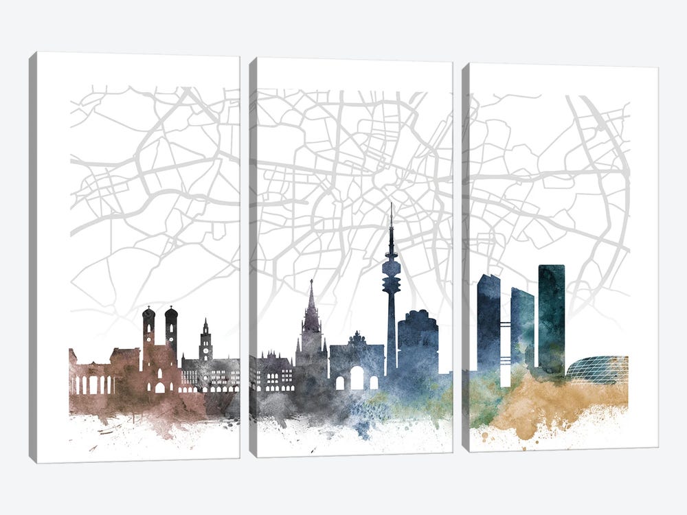 Munich Skyline City Map by WallDecorAddict 3-piece Canvas Art