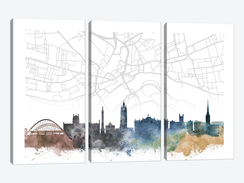 Newcastle Skyline City Map by WallDecorAddict 3-piece Canvas Artwork