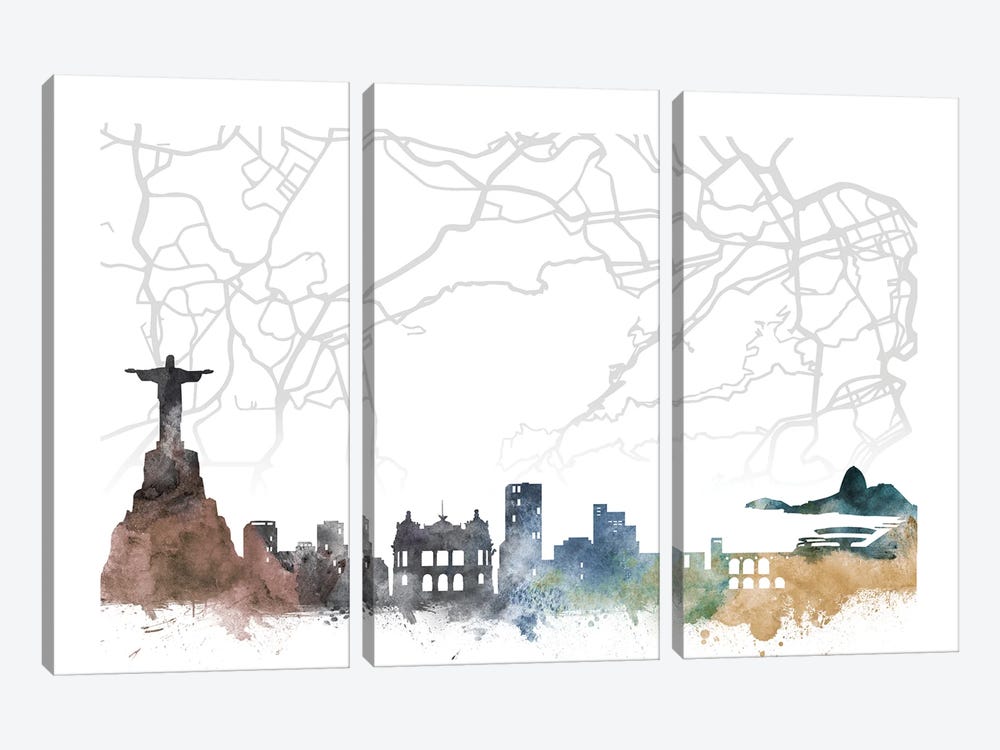 Rio De Janeiro Skyline City Map by WallDecorAddict 3-piece Art Print