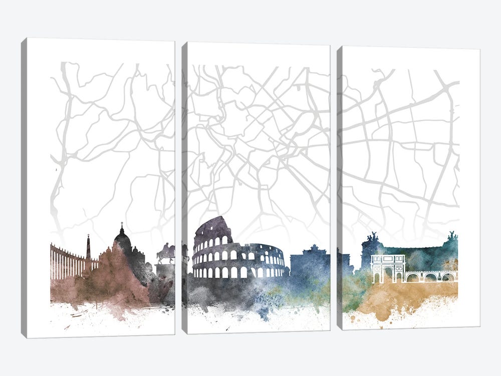 Rome Skyline City Map by WallDecorAddict 3-piece Canvas Wall Art