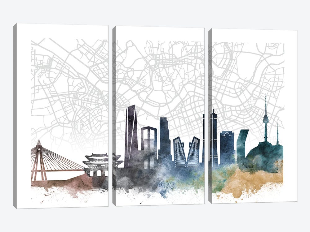 Seoul Skyline City Map by WallDecorAddict 3-piece Canvas Art Print