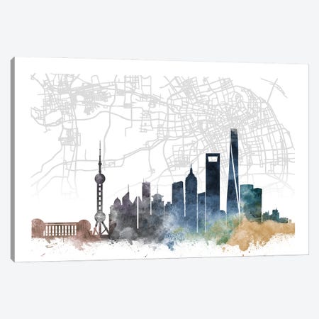 Shanghai Skyline City Map Canvas Print #WDA2308} by WallDecorAddict Canvas Art Print