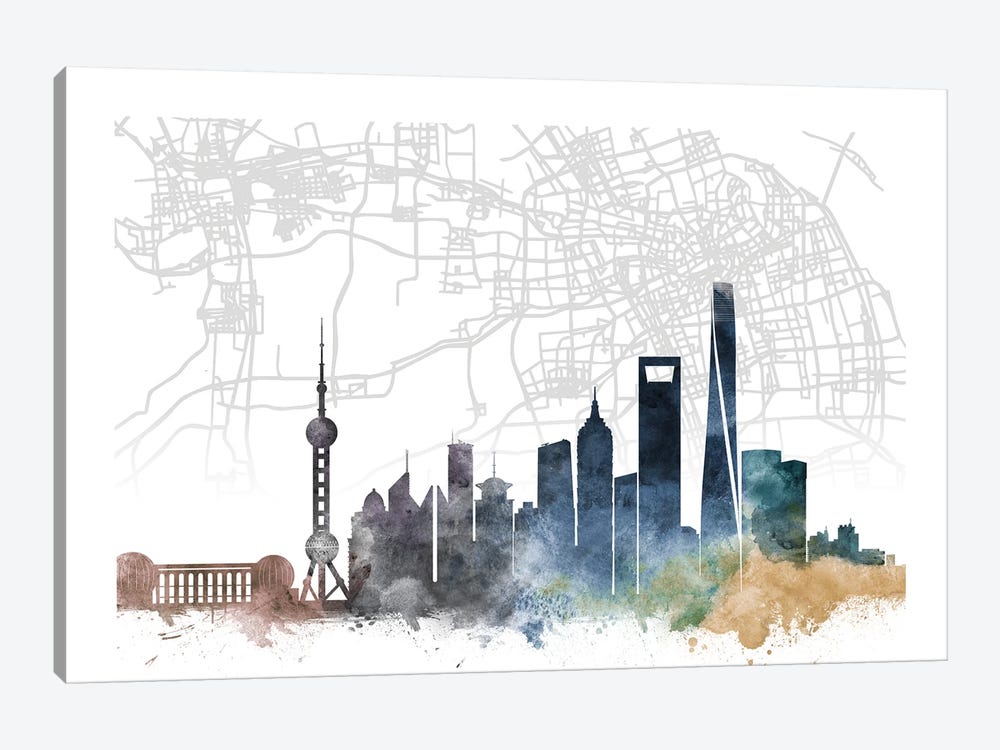 Shanghai Skyline City Map by WallDecorAddict 1-piece Canvas Art
