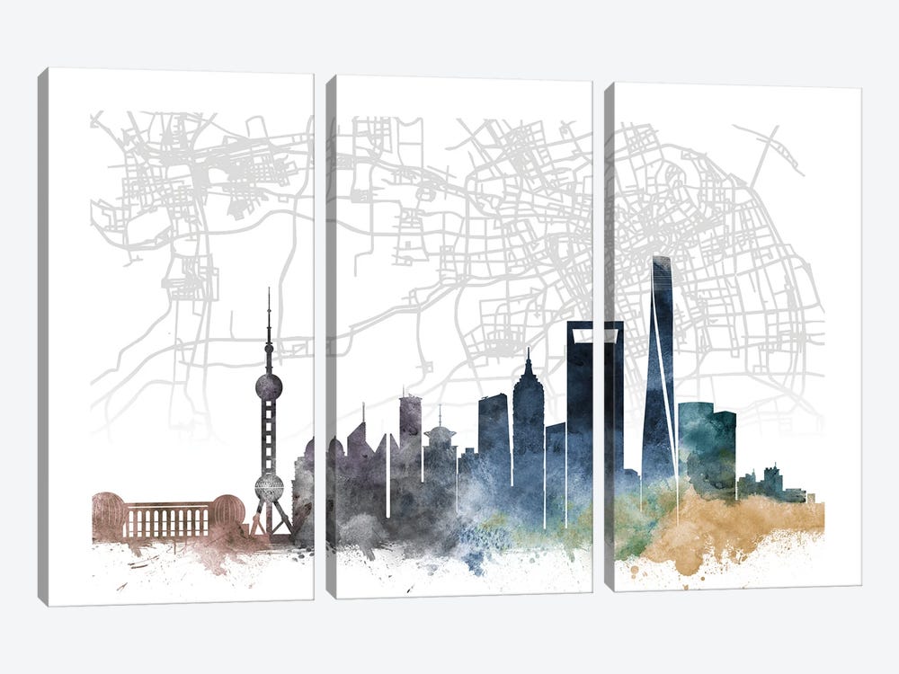 Shanghai Skyline City Map by WallDecorAddict 3-piece Canvas Artwork