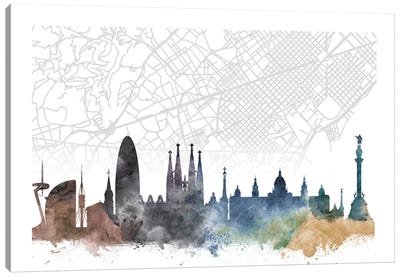 Barcelona Skyline City Map Canvas Art Print - Barcelona Art