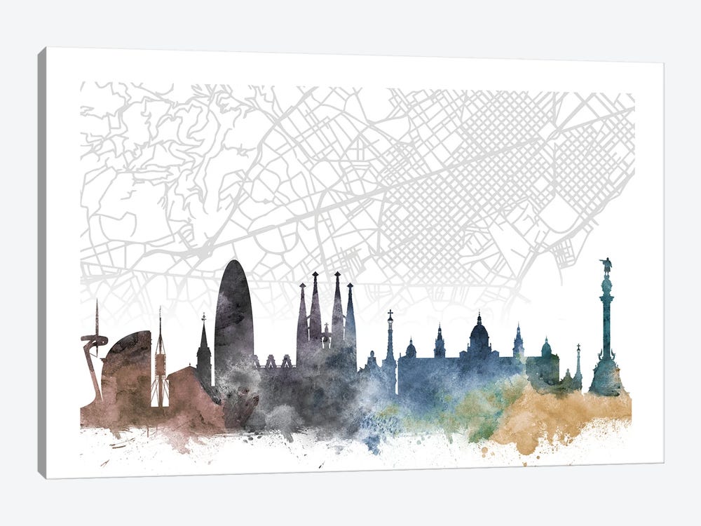 Barcelona Skyline City Map by WallDecorAddict 1-piece Canvas Art Print